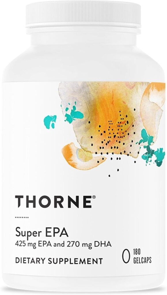 THORNE Super EPA Omega-3 fish oil supplement bottle. Contains 425mg EPA and 270mg DHA. Supports brain, cardiovascular, joint, and skin health. 180 Gelcaps.