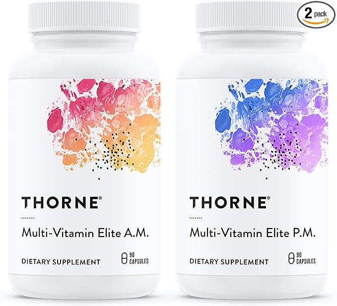 THORNE MVM Elite AM/PM supplement bottles. AM boosts energy; PM supports restful sleep and recovery.