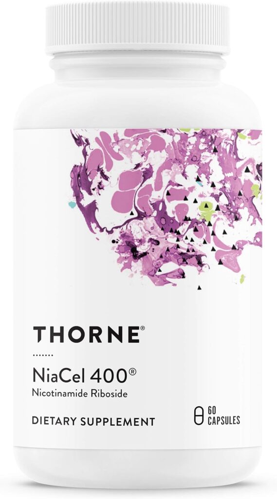 THORNE NiaCel 400 bottle. NAD supplement with Nicotinamide Riboside (NR) for cellular energy, healthy aging, and DNA repair. NSF Certified for Sport. 60 Capsules