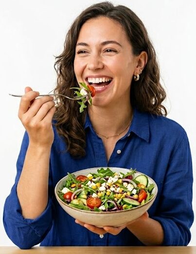 woman happily eating salad