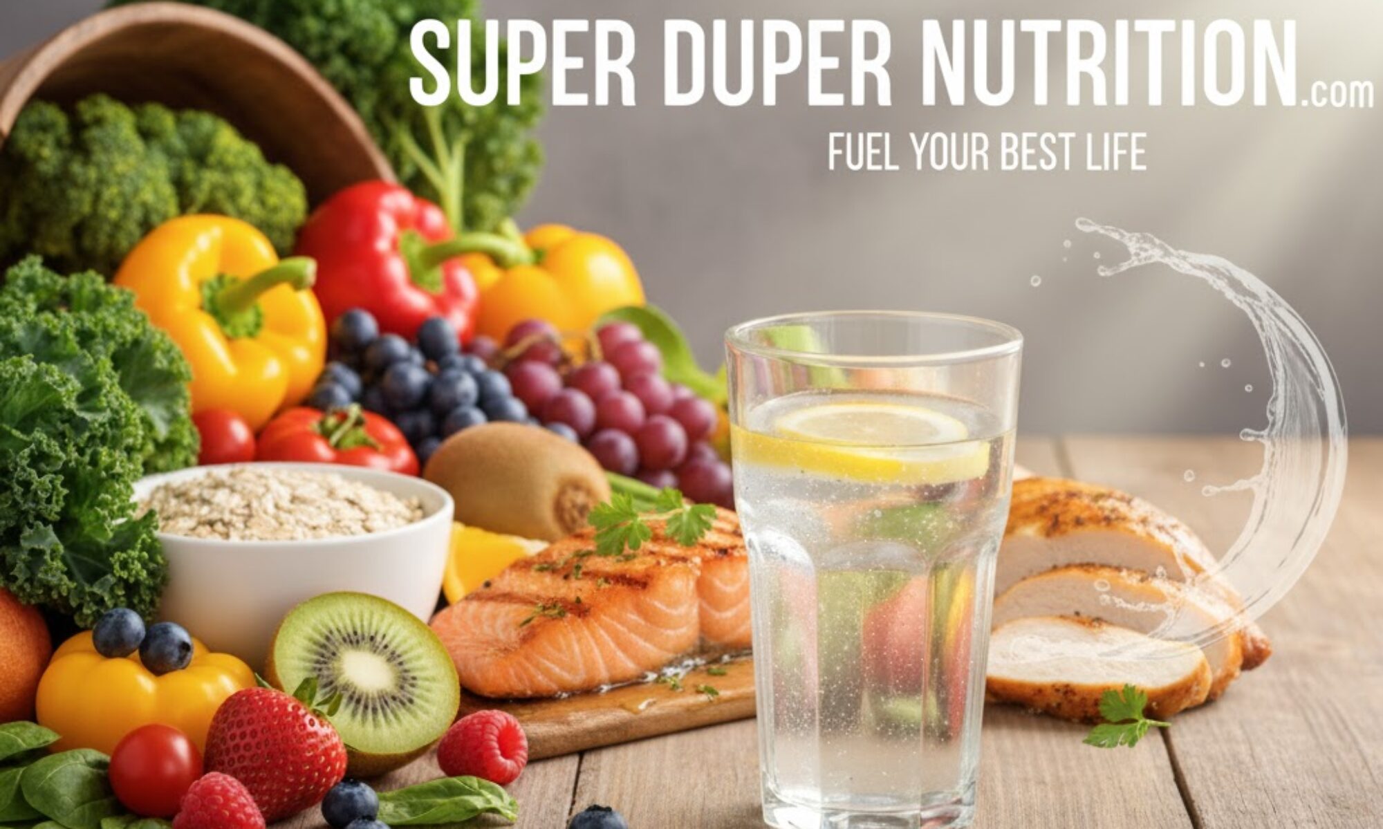 superdupernutrition.com header with healthy foods such as meat, fish, veggies and fruit